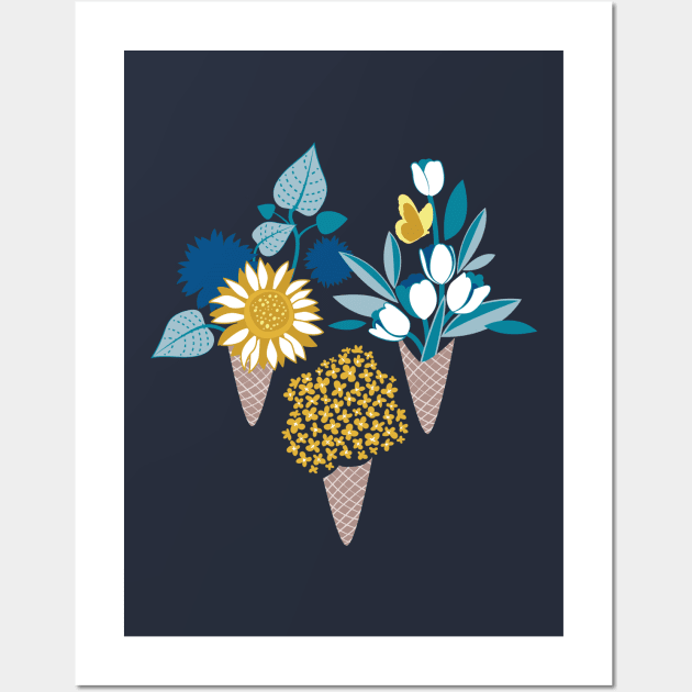 Midsummer I scream flower cones // print // blue teal and yellow flowers bouquets Wall Art by SelmaCardoso